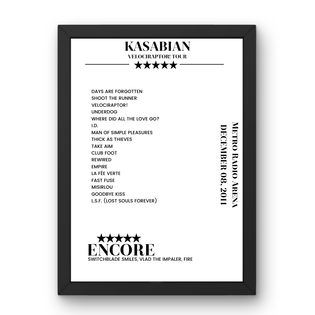 Kasabian Metro Radio Arena Newcastle upon Tyne 08 December 2011 Setlist Poster - Setlist