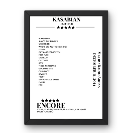 Kasabian Metro Radio Arena Newcastle upon Tyne 11 December 2014 Setlist Poster - Setlist