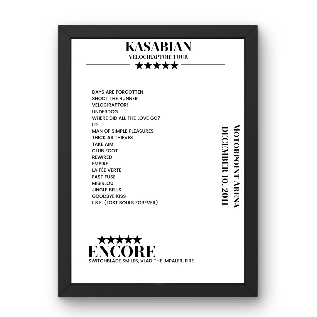 Kasabian Motorpoint Arena Sheffield 10 December 2011 Setlist Poster - Setlist