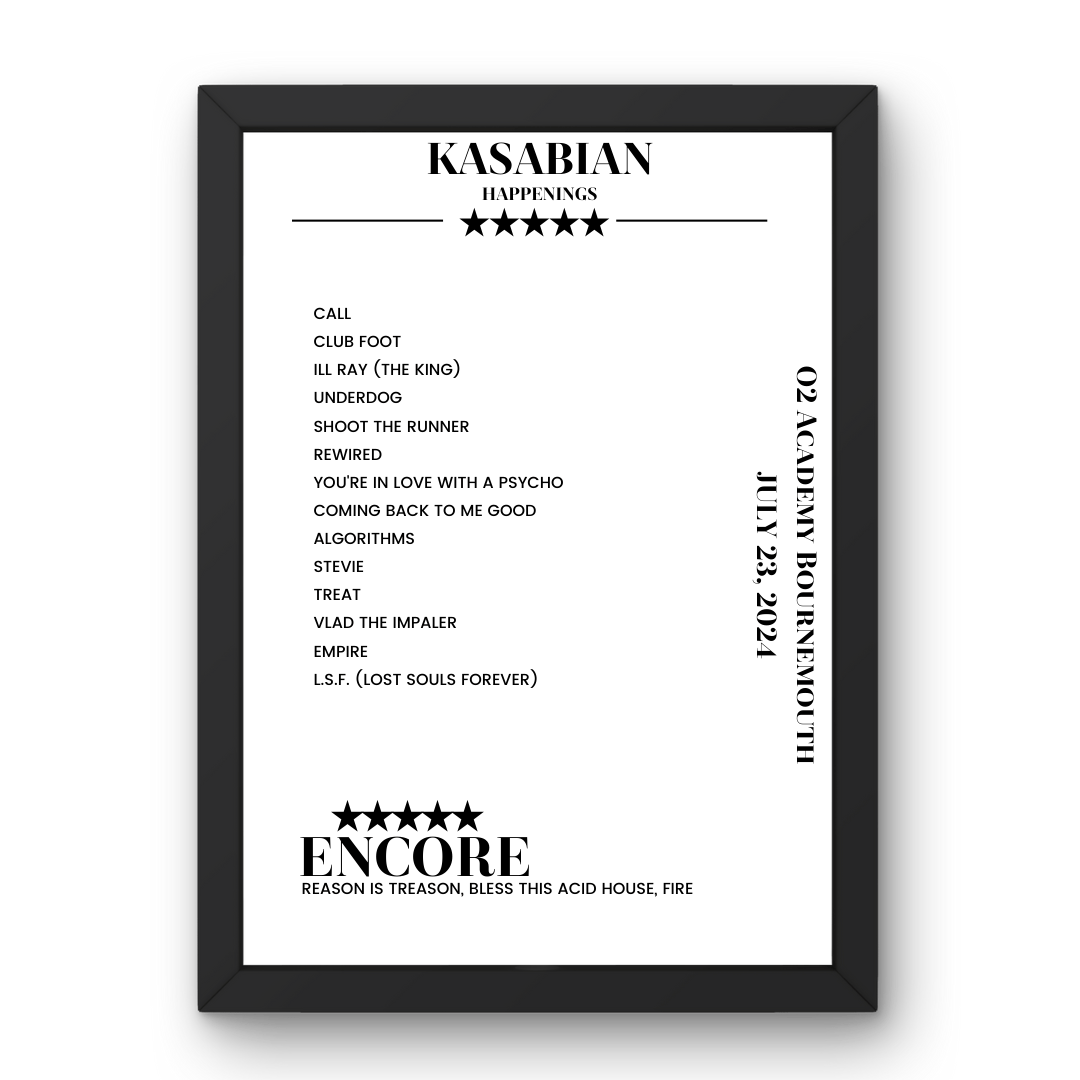 Kasabian O2 Academy Bournemouth Bournemouth 23 July 2024 Setlist Poster - Setlist