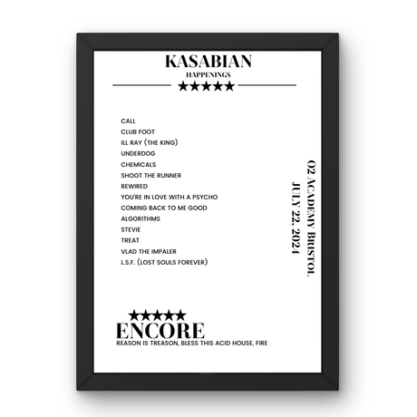 Kasabian O2 Academy Bristol Bristol 22 July 2024 Setlist Poster - Setlist