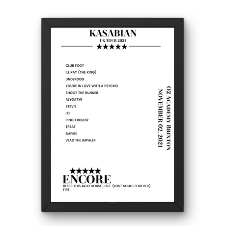 Kasabian O2 Academy Brixton London 02 November 2021 Setlist Poster - Setlist