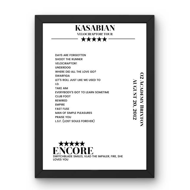 Kasabian O2 Academy Brixton London 20 August 2012 Setlist Poster - Setlist