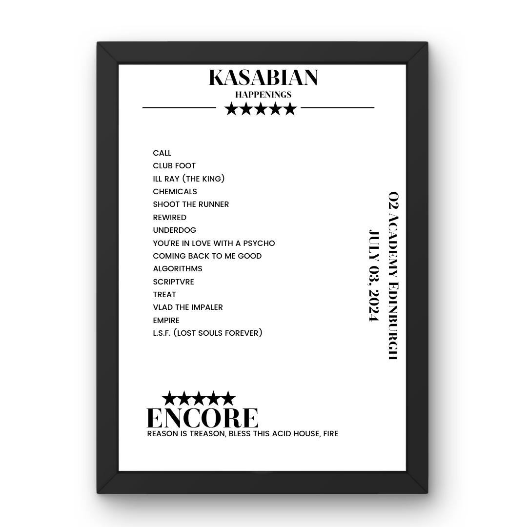 Kasabian O2 Academy Edinburgh Edinburgh 03 July 2024 Setlist Poster - Setlist