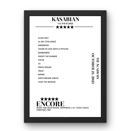 Kasabian O2 Academy Sheffield 21 October 2021 Setlist Poster - Setlist