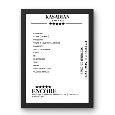 Kasabian O2 City Hall Newcastle Newcastle upon Tyne 26 October 2021 Setlist Poster - Setlist