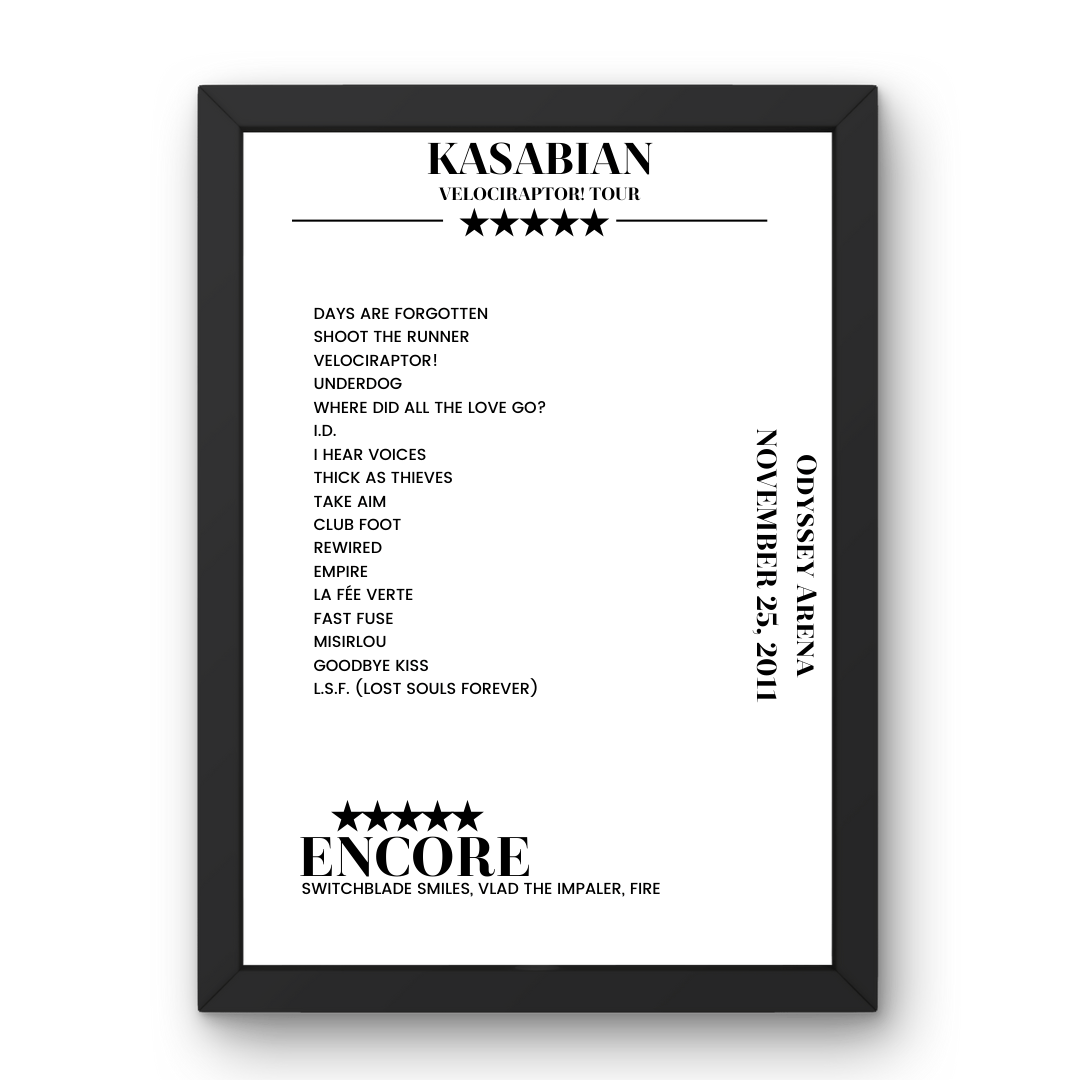 Kasabian Odyssey Arena Belfast 25 November 2011 Setlist Poster - Setlist