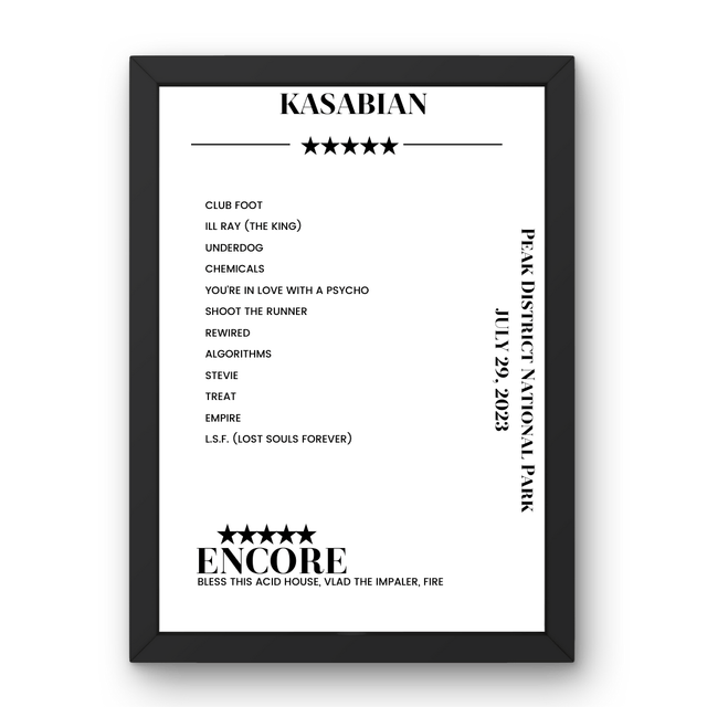 Kasabian Peak District National Park Pikehall 29 July 2023 Setlist Poster - Setlist