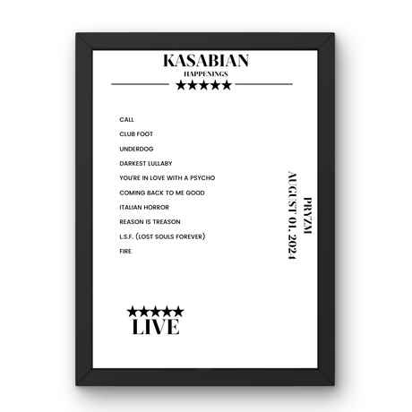 Kasabian PRYZM Kingston upon Thames 01 August 2024 Setlist Poster - Setlist