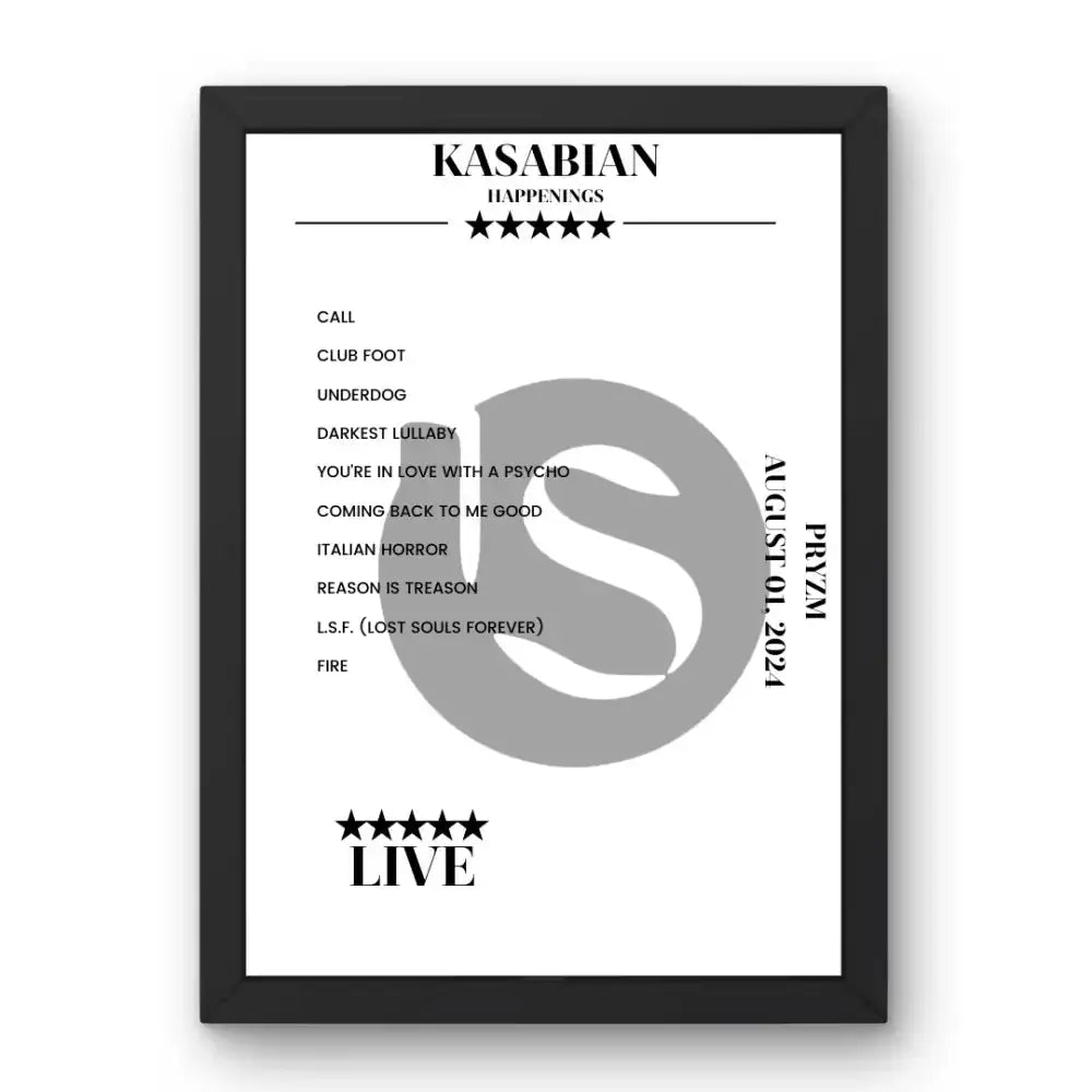 Kasabian PRYZM Kingston upon Thames 01 August 2024 Setlist Poster - Setlist