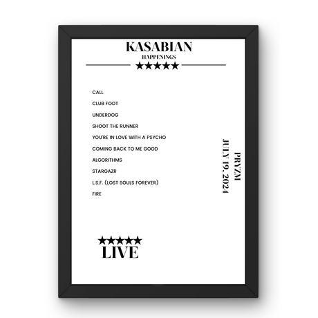 Kasabian PRYZM Kingston upon Thames 19 July 2024 Setlist Poster - Setlist