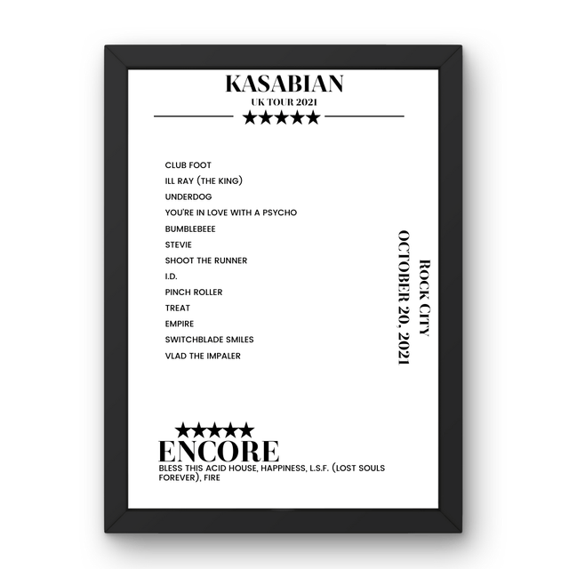 Kasabian Rock City Nottingham 20 October 2021 Setlist Poster - Setlist