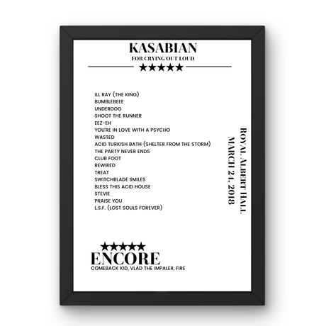 Kasabian Royal Albert Hall London 24 March 2018 Setlist Poster - Setlist