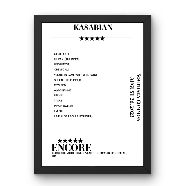 Kasabian Southsea Common Portsmouth 26 August 2023 Setlist Poster - Setlist