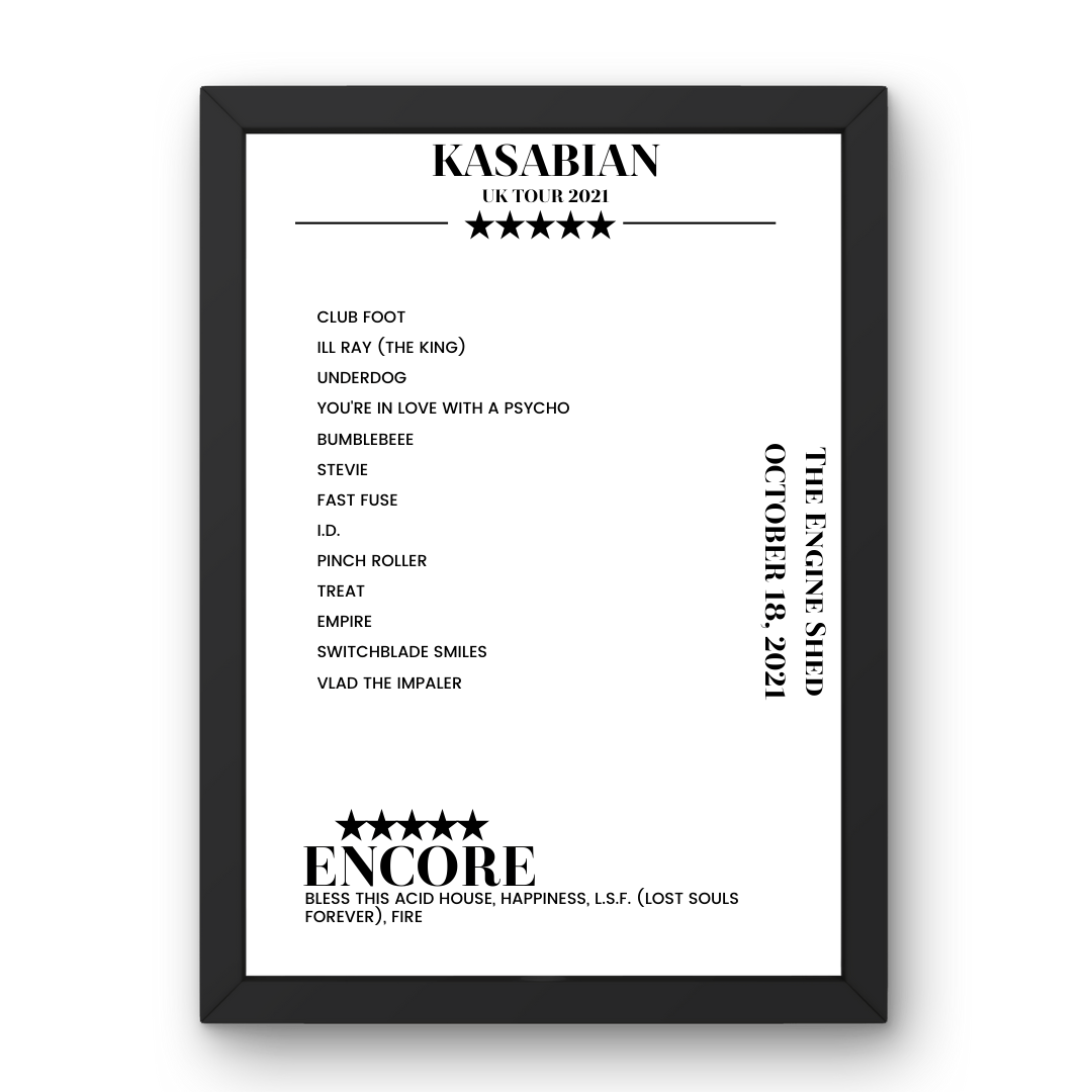 Kasabian The Engine Shed Lincoln 18 October 2021 Setlist Poster - Setlist