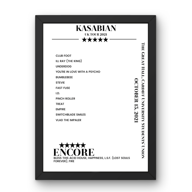 Kasabian The Great Hall, Cardiff University Students' Union Cardiff 15 October 2021 Setlist Poster - Setlist