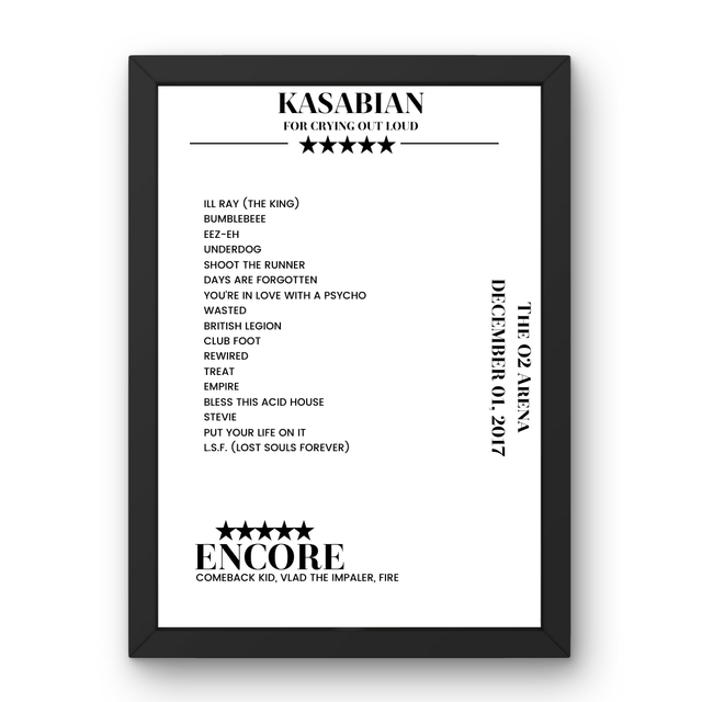 Kasabian The O2 Arena London 01 December 2017 Setlist Poster - Setlist