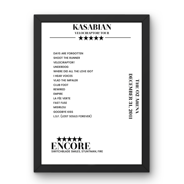 Kasabian The O2 Arena London 31 December 2011 Setlist Poster - Setlist