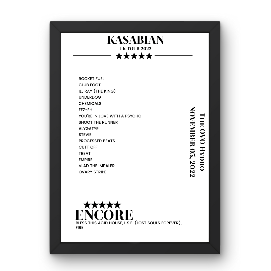 Kasabian The OVO Hydro Glasgow 05 November 2022 Setlist Poster - Setlist