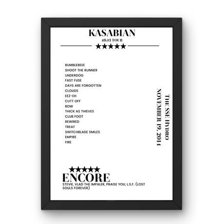 Kasabian The SSE Hydro Glasgow 19 November 2014 Setlist Poster - Setlist