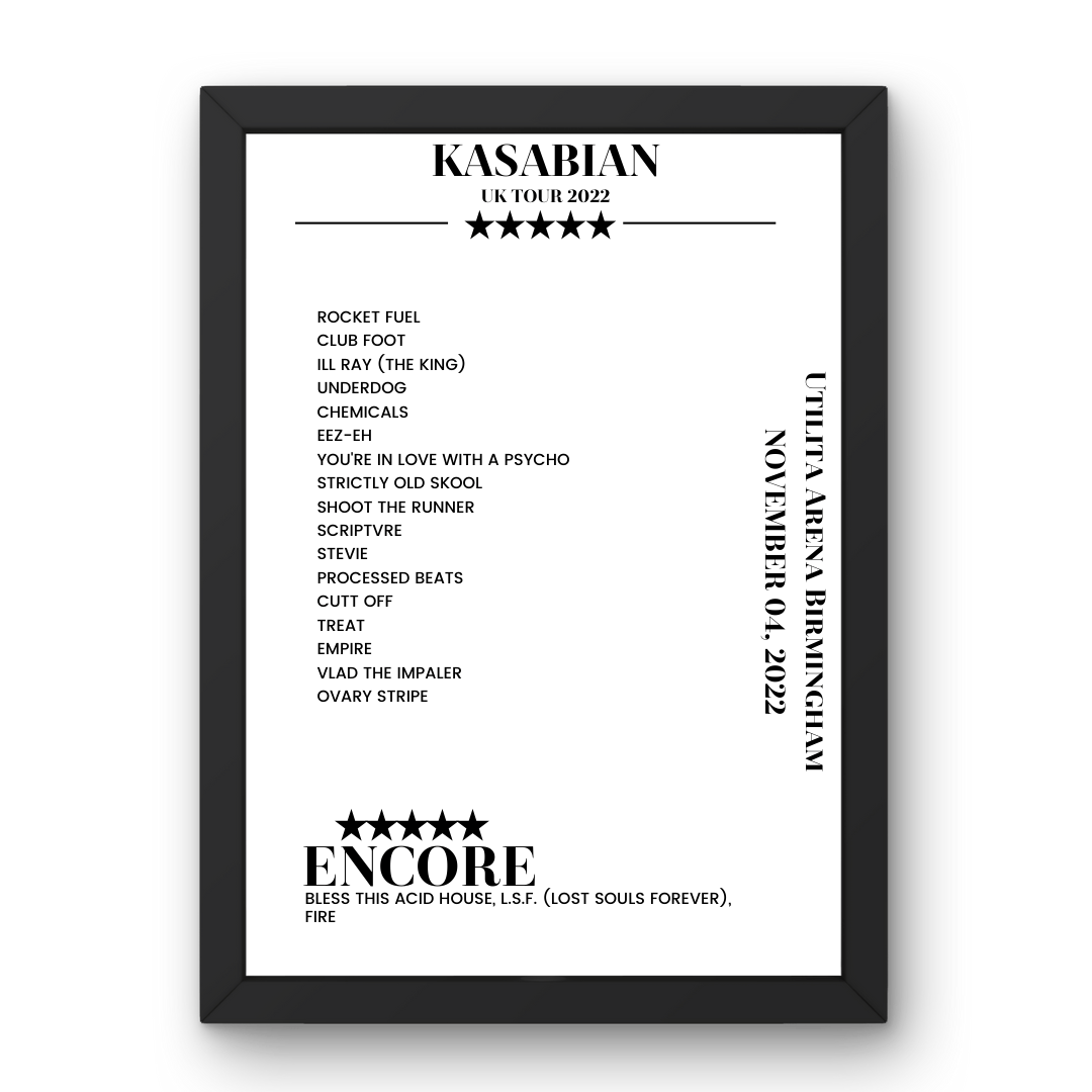 Kasabian Utilita Arena Birmingham Birmingham 04 November 2022 Setlist Poster - Setlist