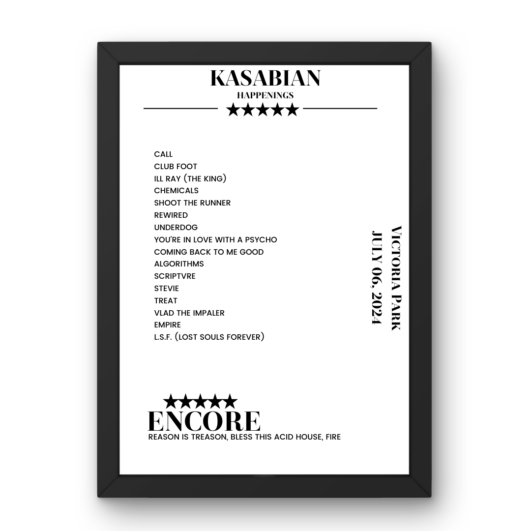 Kasabian Victoria Park Leicester 06 July 2024 Setlist Poster - Setlist