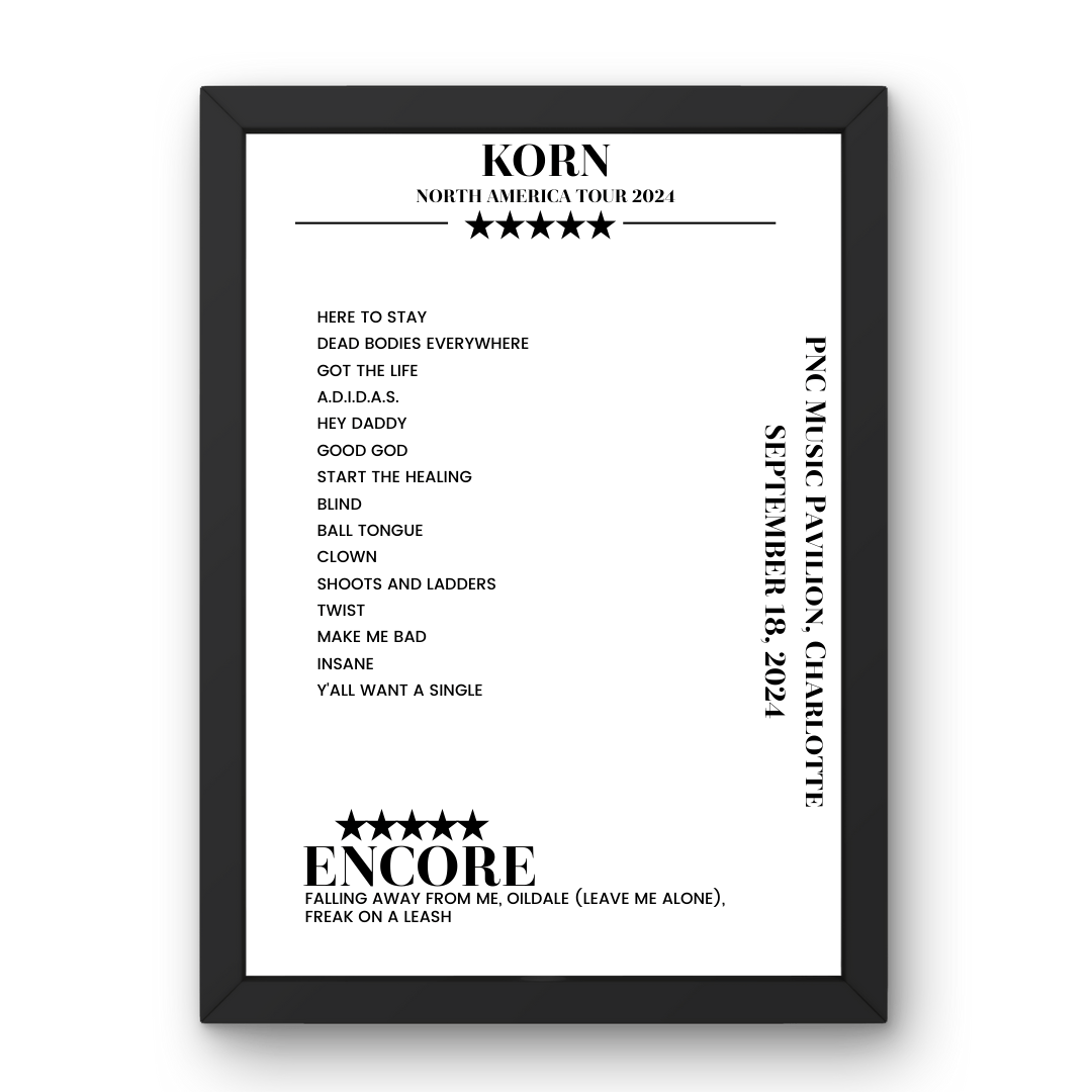 Korn September 18, 2024 PNC Music Pavilion Charlotte Setlist Poster