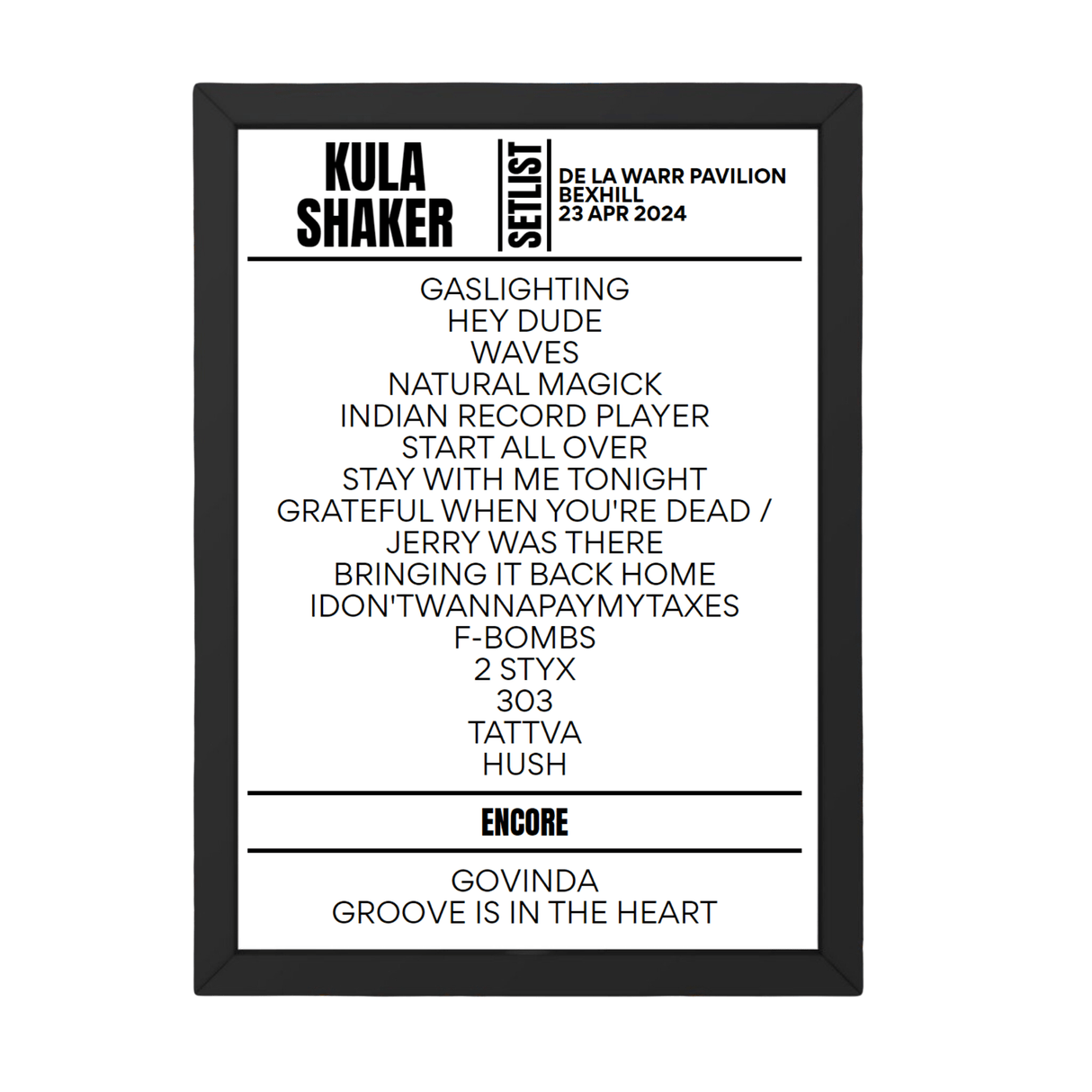 Kula Shaker Bexhill April 2024 Setlist Poster - Setlist