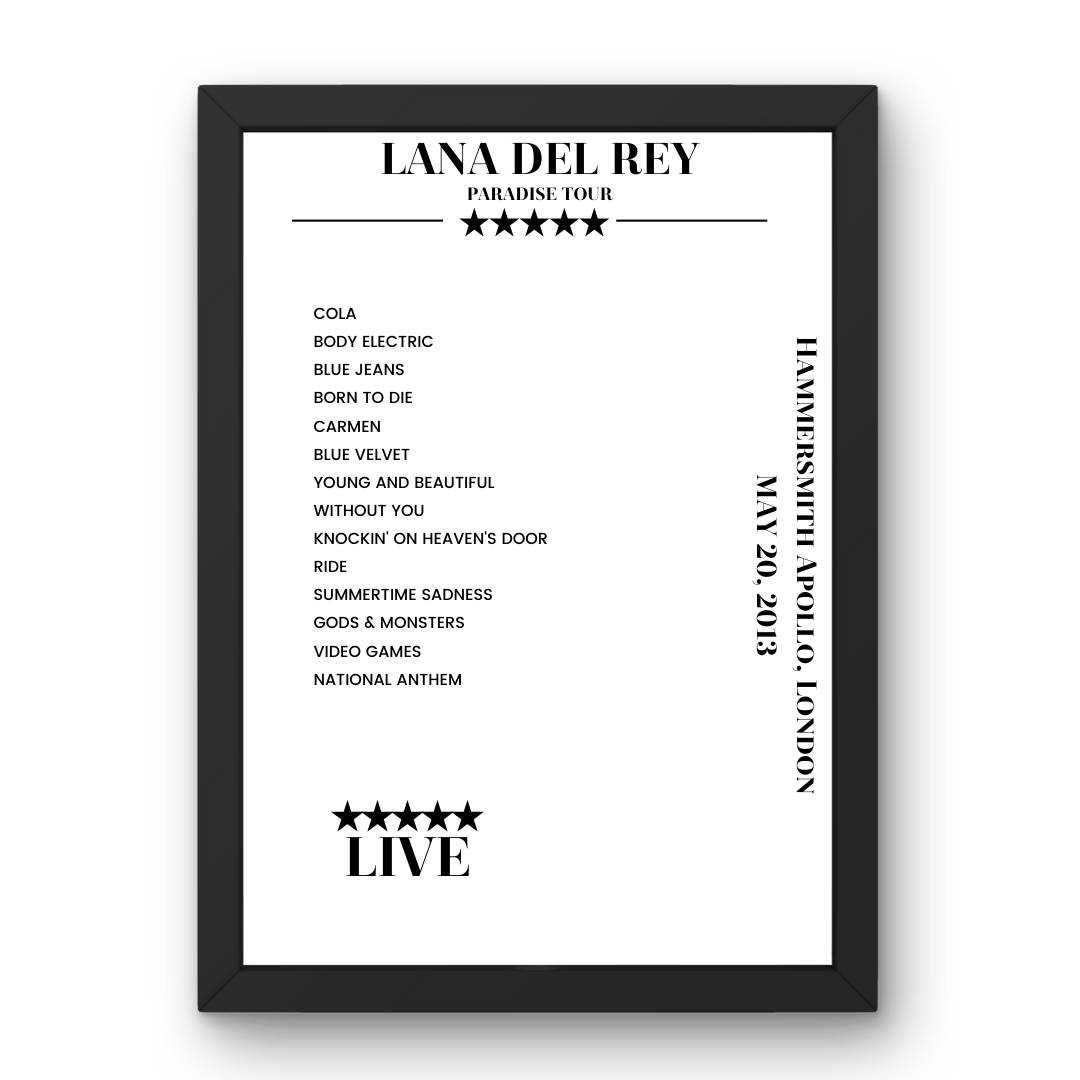 Lana Del Rey May 20, 2013 Hammersmith Apollo London Setlist Poster - Setlist