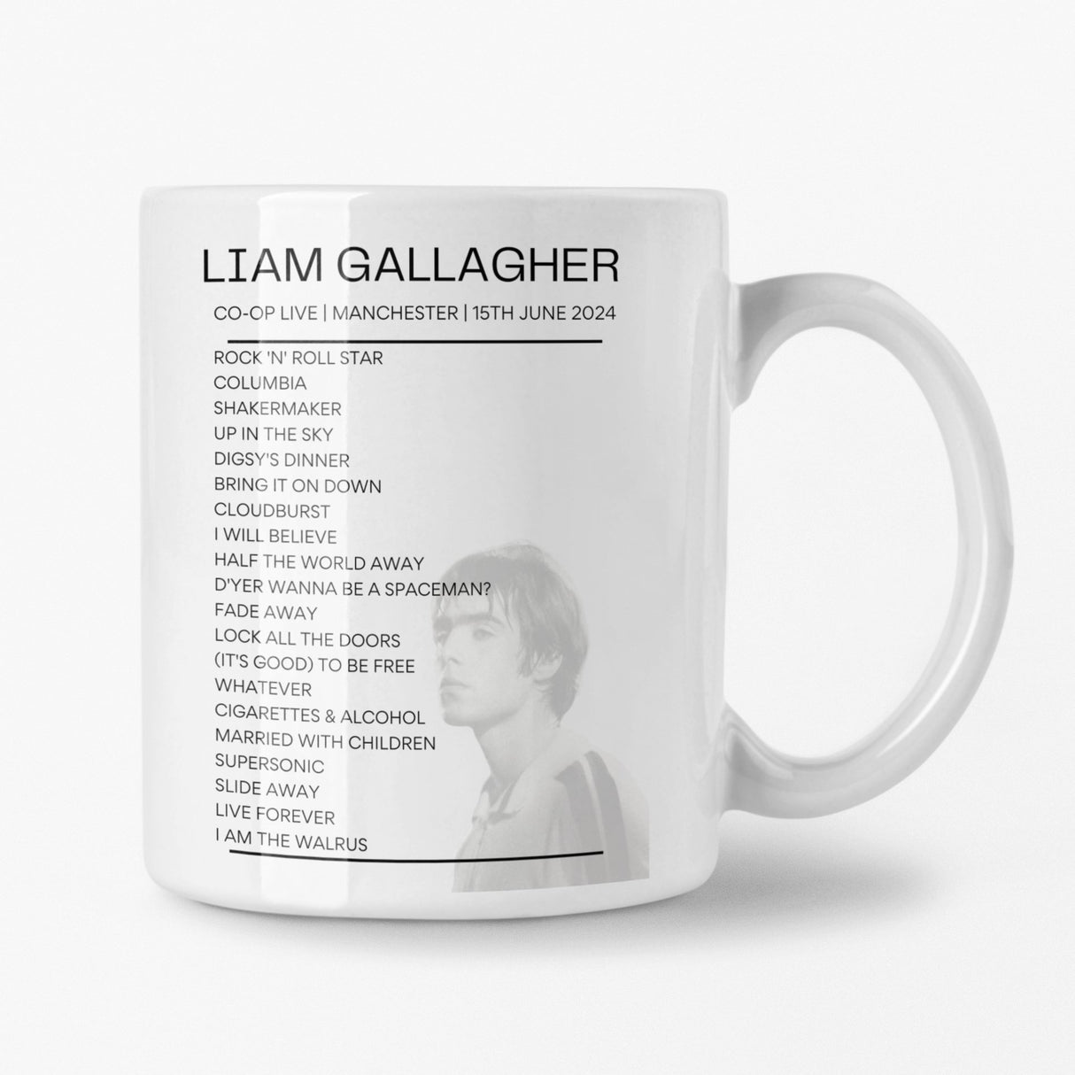 Liam Gallagher Co - op Live Manchester 15th June 2024 Replica Setlist Mug - Photo Version - Setlist