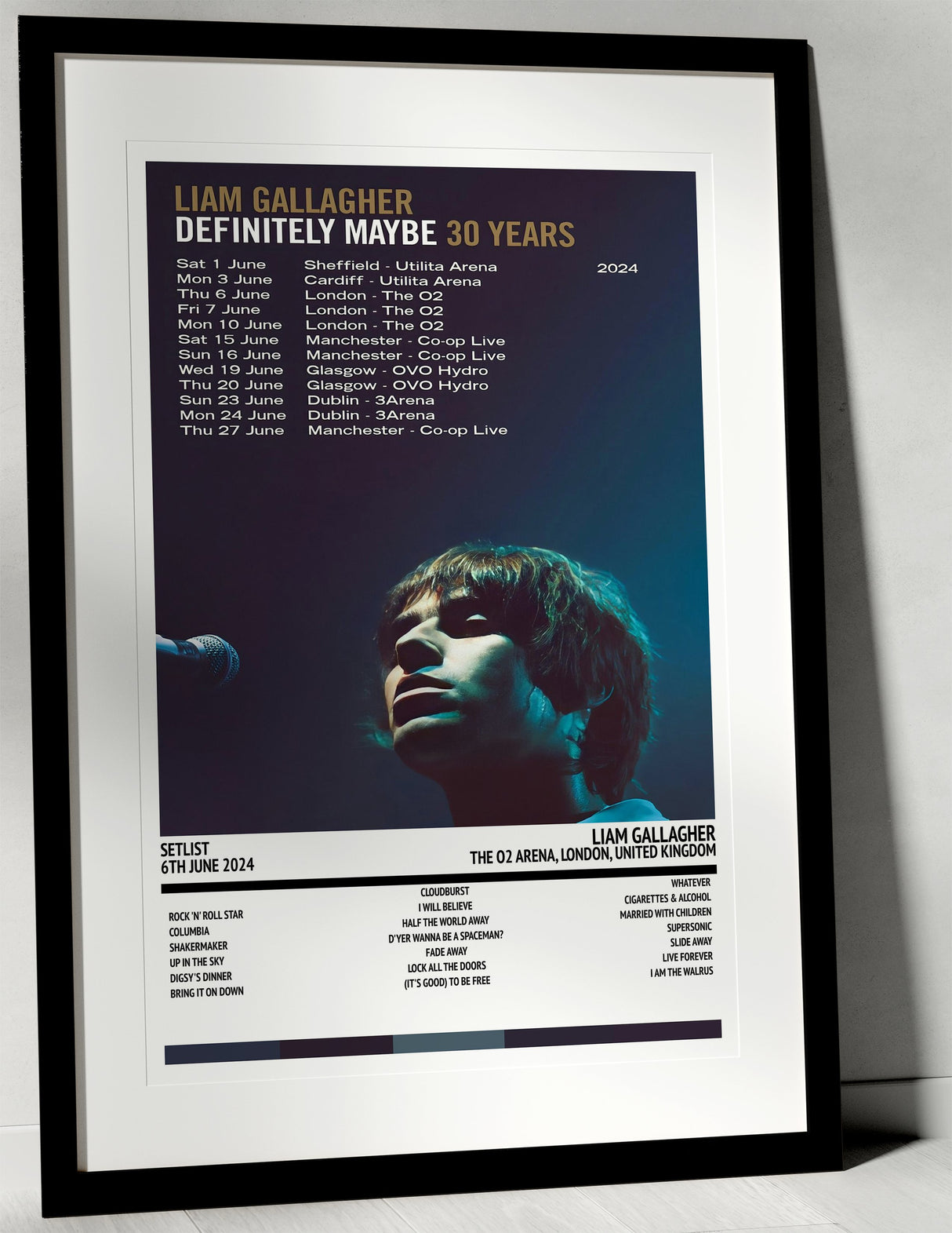 Liam Gallagher Definitely Maybe 30th Anniversary Tour The O2 Arena London 6th June 2024 - Setlist Tour Poster - Setlist