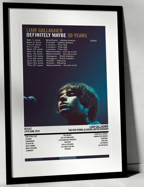 Liam Gallagher Definitely Maybe 30th Anniversary Tour The OVO Hydro Glasgow 19th June 2024 - Setlist Tour Poster - Setlist