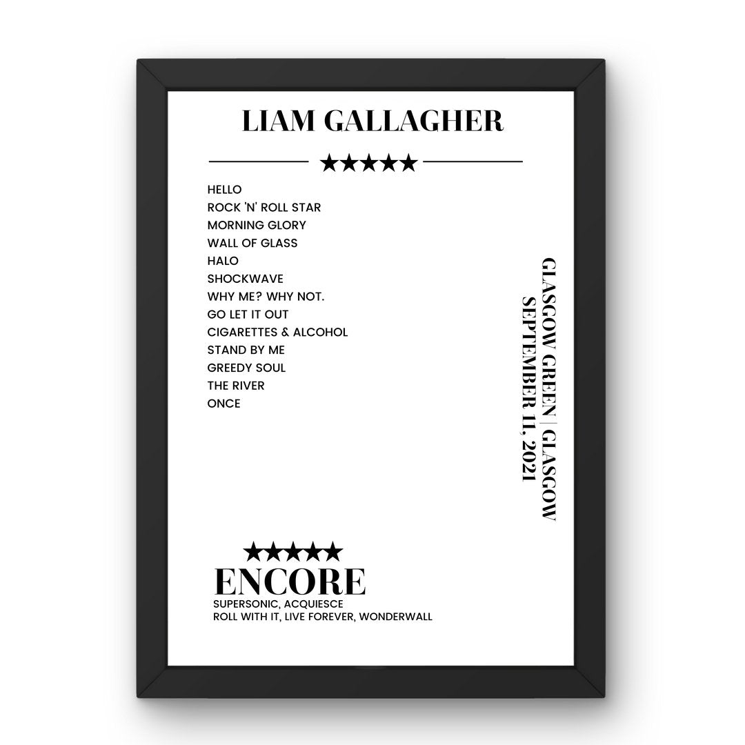 Liam Gallagher Glasgow Green Glasgow 11 September 2021 Setlist Poster - Setlist