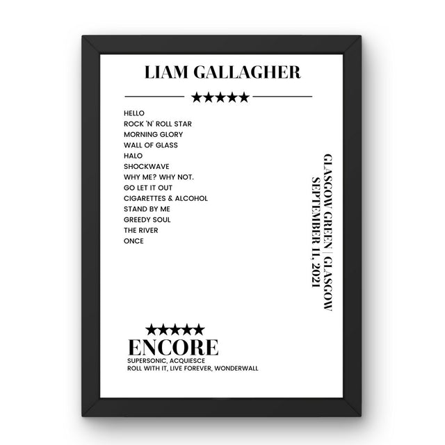 Liam Gallagher Glasgow Green Glasgow 11 September 2021 Setlist Poster - Setlist