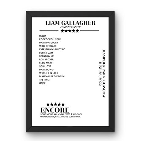 Liam Gallagher Hampden Park Glasgow 26 June 2022 Setlist Poster - Setlist