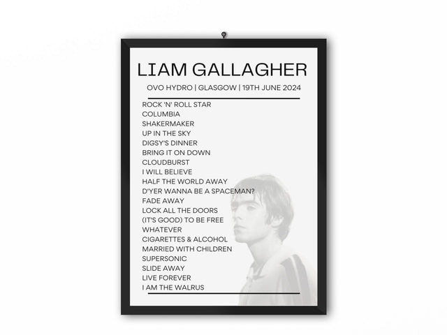 Liam Gallagher OVO Hydro Glasgow 19th June 2024 Replica Setlist - Photo Version - Setlist