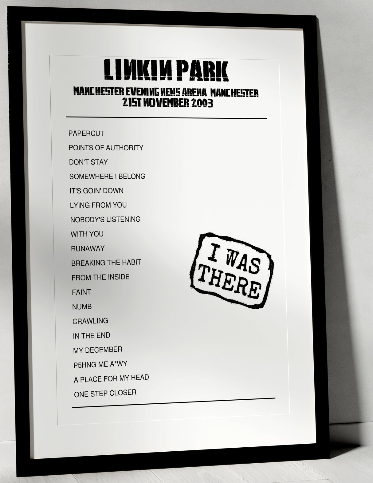 Linkin Park 21st November 2003 Manchester Evening News Arena Manchester - I Was There - Setlist