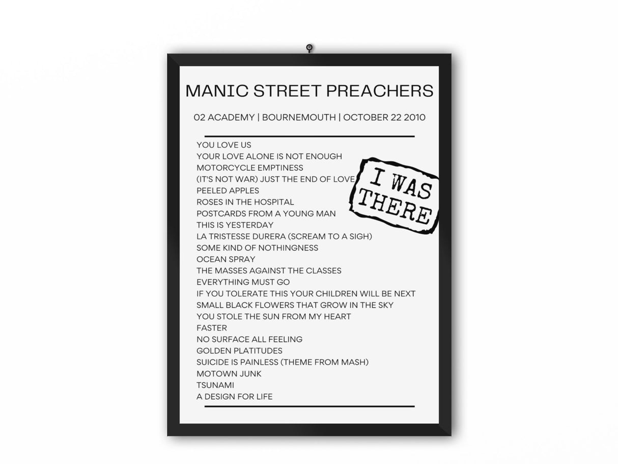 Manic Street Preachers Bournemouth October 2010 Replica Setlist - Setlist