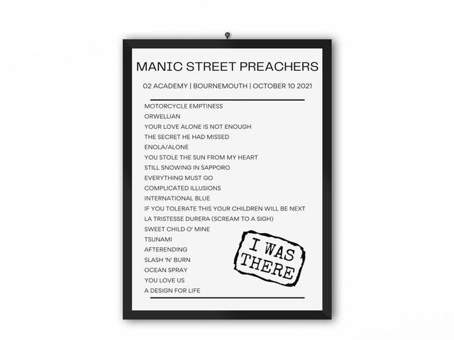 Manic Street Preachers Bournemouth October 2021 Replica Setlist - Setlist