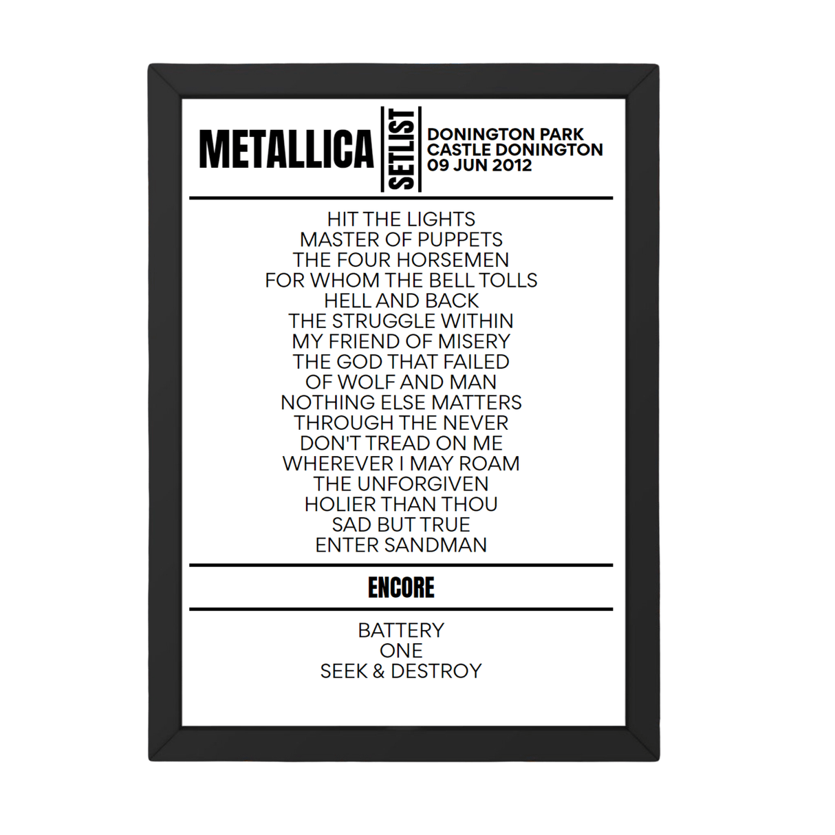 Metallica Download Festival 2012 Replica Setlist - Setlist