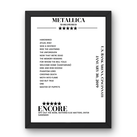 Metallica January 30, 2019 U.S. Bank Arena Cincinnati Setlist Poster - Setlist