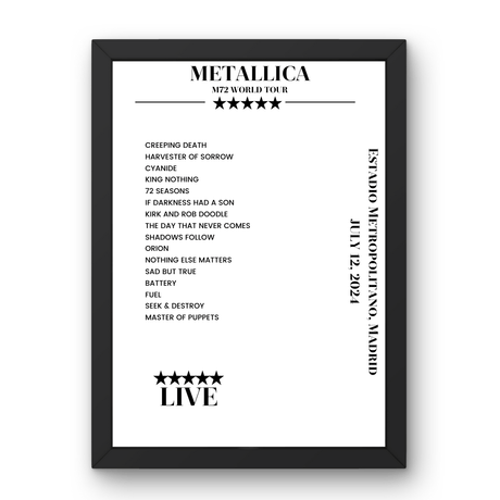 Metallica July 12, 2024 Estadio Metropolitano Madrid Setlist Poster - Setlist