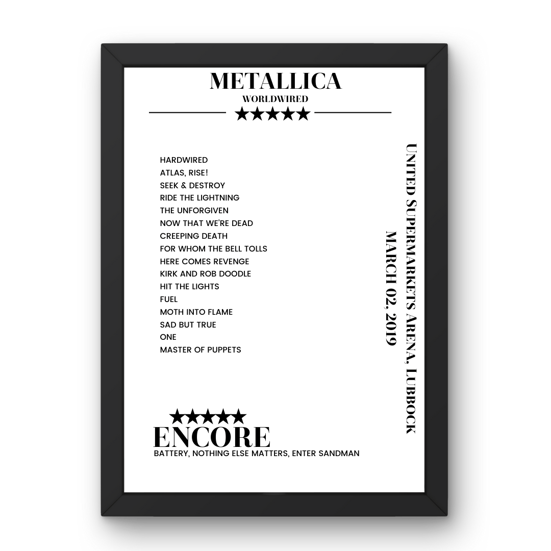 Metallica March 02, 2019 United Supermarkets Arena Lubbock Setlist Poster - Setlist