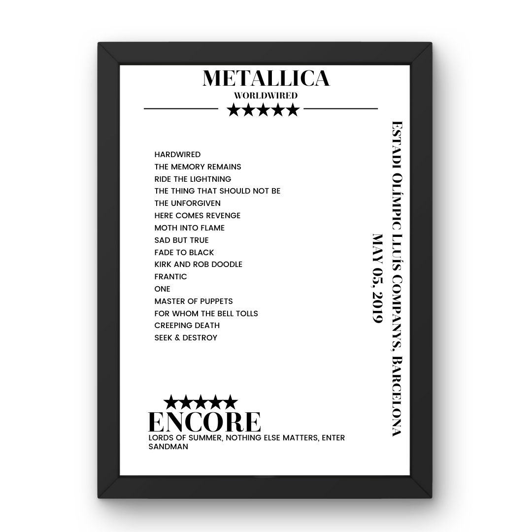 Metallica May 05, 2019 Estadi Olímpic Lluís Companys Barcelona Setlist Poster - Setlist