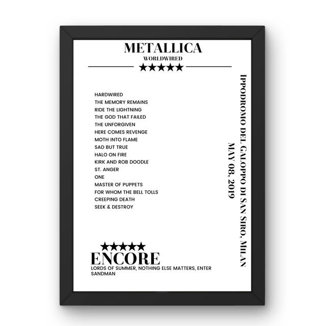 Metallica May 08, 2019 Ippodromo del Galoppo di San Siro Milan Setlist Poster - Setlist