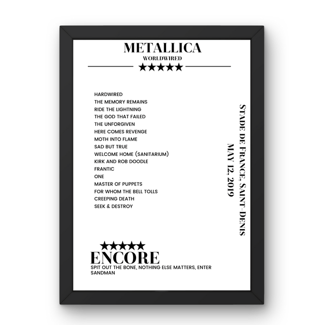 Metallica May 12, 2019 Stade de France Saint - Denis Setlist Poster - Setlist