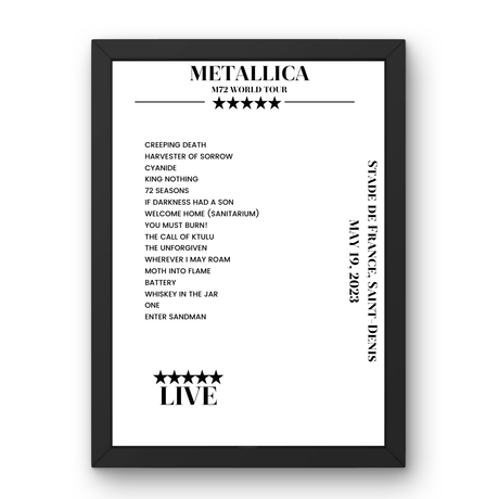 Metallica May 19, 2023 Stade de France Saint - Denis Setlist Poster - Setlist