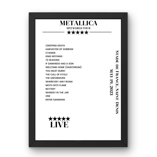 Metallica May 19, 2023 Stade de France Saint - Denis Setlist Poster - Setlist