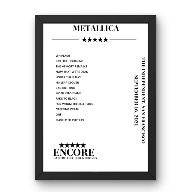 Metallica September 16, 2021 The Independent San Francisco Setlist Poster - Setlist