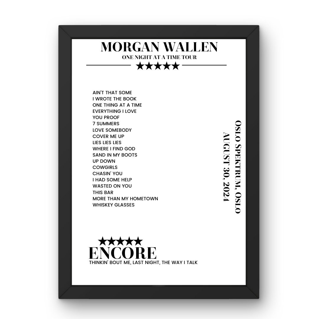 Morgan Wallen August 30, 2024 Oslo Spektrum Oslo Setlist Poster - Setlist